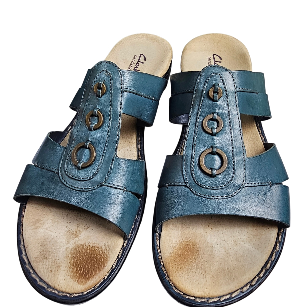 Clarks Leisa Faye Teal Leather Slide Sandals